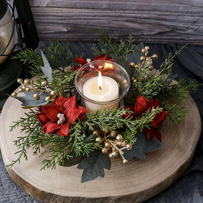 Christmas Candle Ring Wreath | Artificial Flower & Greenery Candle Holder Garland for Festive Table Décor