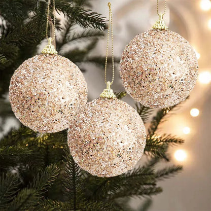 6pcs Glitter Champagne Gold Christmas Baubles – Sparkling Tree Ornaments for Xmas & New Year Party Décor
