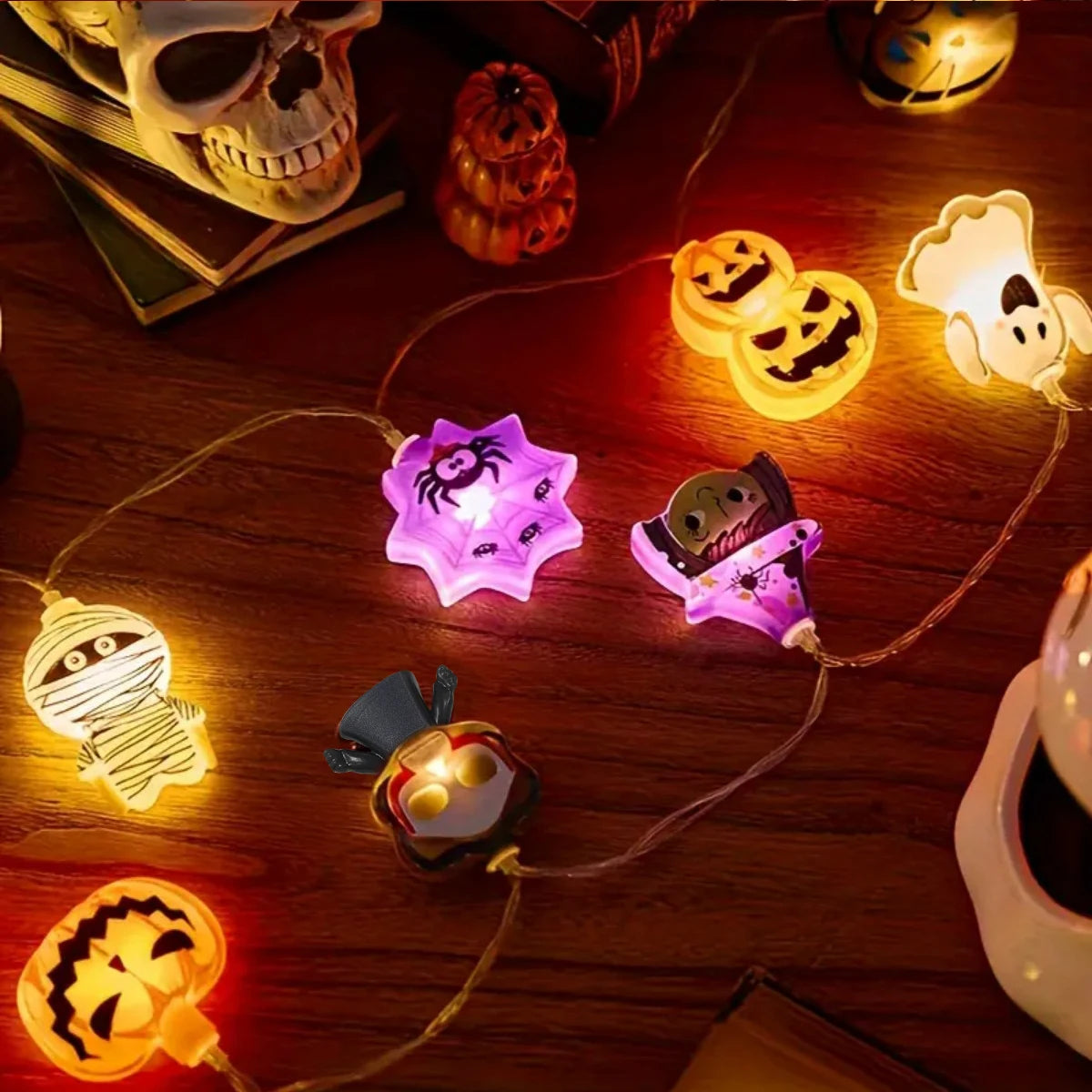 Halloween LED String Lights – 10/20 Battery-Powered Lights with Ghost, Pumpkin, Spider Web, Skeleton & Witch Designs for Indoor Décor