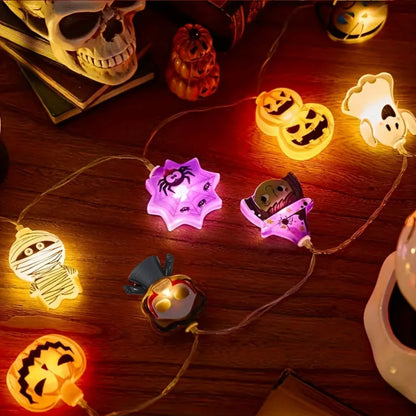 Halloween LED String Lights – 10/20 Battery-Powered Lights with Ghost, Pumpkin, Spider Web, Skeleton & Witch Designs for Indoor Décor