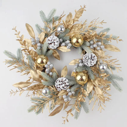 Golden Christmas Wreath for Front Door | Artificial Pinecone & Rattan Garland with Festive Flowers