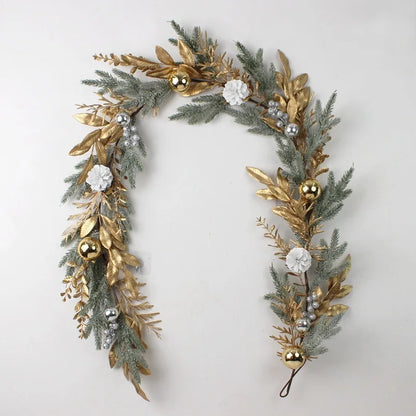 Golden Christmas Wreath for Front Door | Artificial Pinecone & Rattan Garland with Festive Flowers