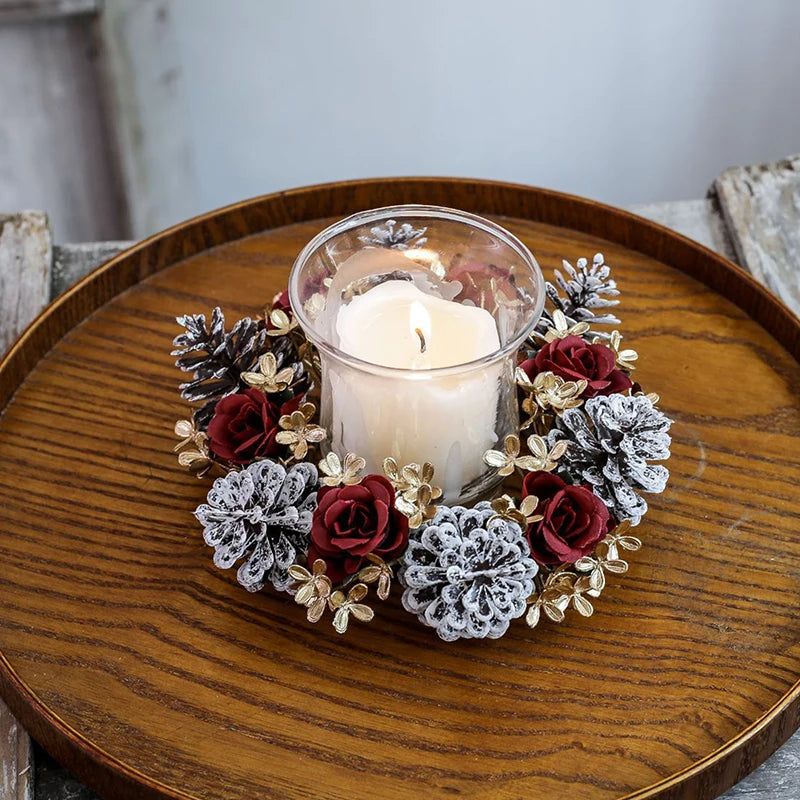 Christmas Candle Ring Wreath | Artificial Flower & Greenery Candle Holder Garland for Festive Table Décor