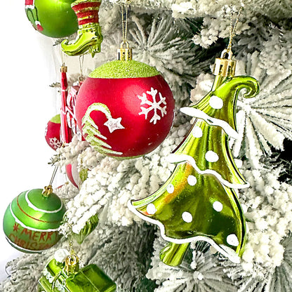 Set of 9/12/34 Grinch-Inspired Christmas Baubles – Green Painted Ornaments for Tree & Home Festive Décor