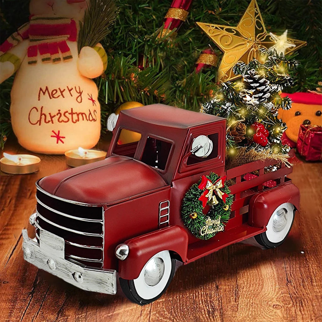 Red Christmas Truck with Tree & Warm White Twinkling Lights – Festive Farmhouse Holiday Decoration