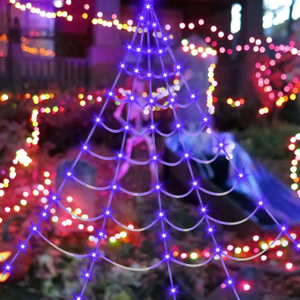 Halloween Spider Web Lights – 8 Modes Waterproof LED Spider Net | Triangle Hanging Glow Web with Giant Spider for Outdoor & Party Decoration