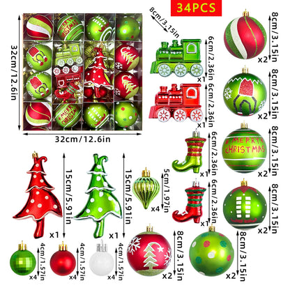 Set of 9/12/34 Grinch-Inspired Christmas Baubles – Green Painted Ornaments for Tree & Home Festive Décor