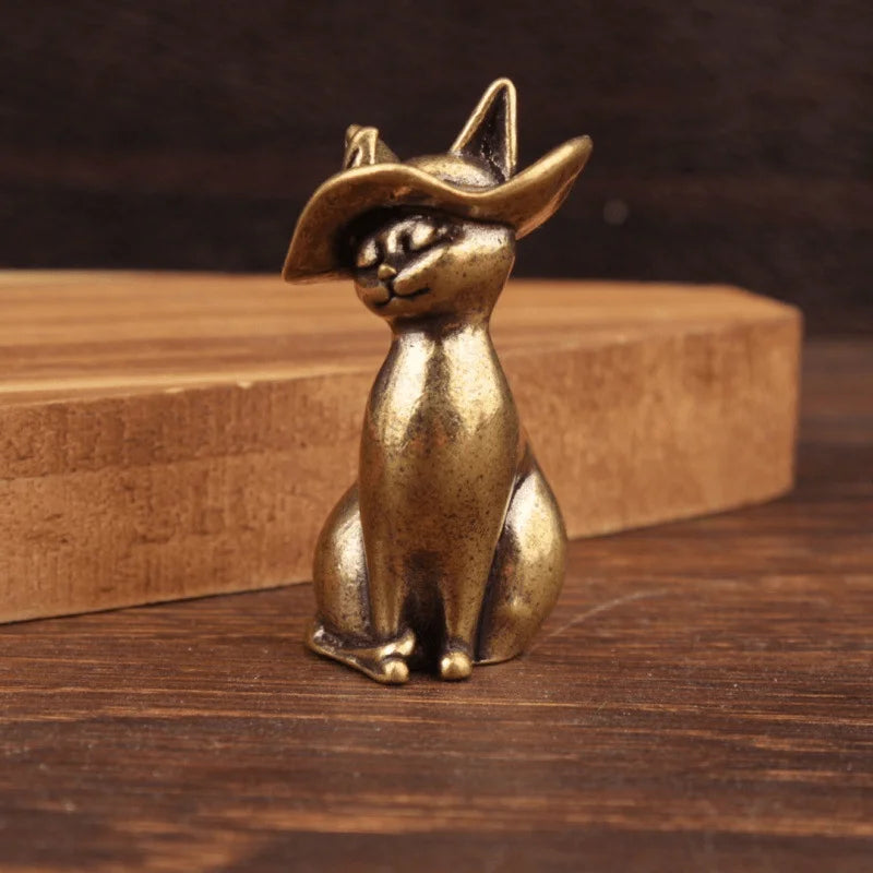 Miniature Brass Witch Hat Cat Ornament – Solid Desktop Figurine for Home, Office, and Mini Landscape Décor