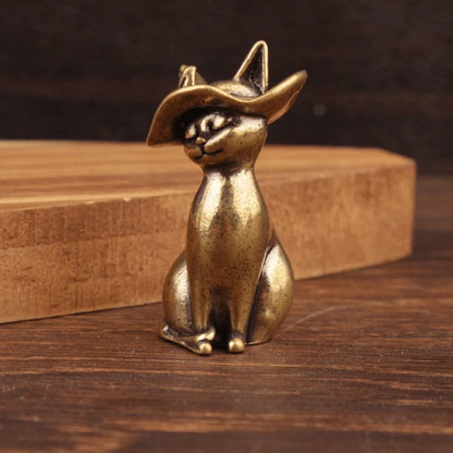 Miniature Brass Witch Hat Cat Ornament – Solid Desktop Figurine for Home, Office, and Mini Landscape Décor