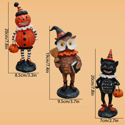 Halloween Pumpkin Puppet Decoration – Resin Owl & Black Cat Statue for Indoor & Outdoor Halloween, Garden & Home Décor