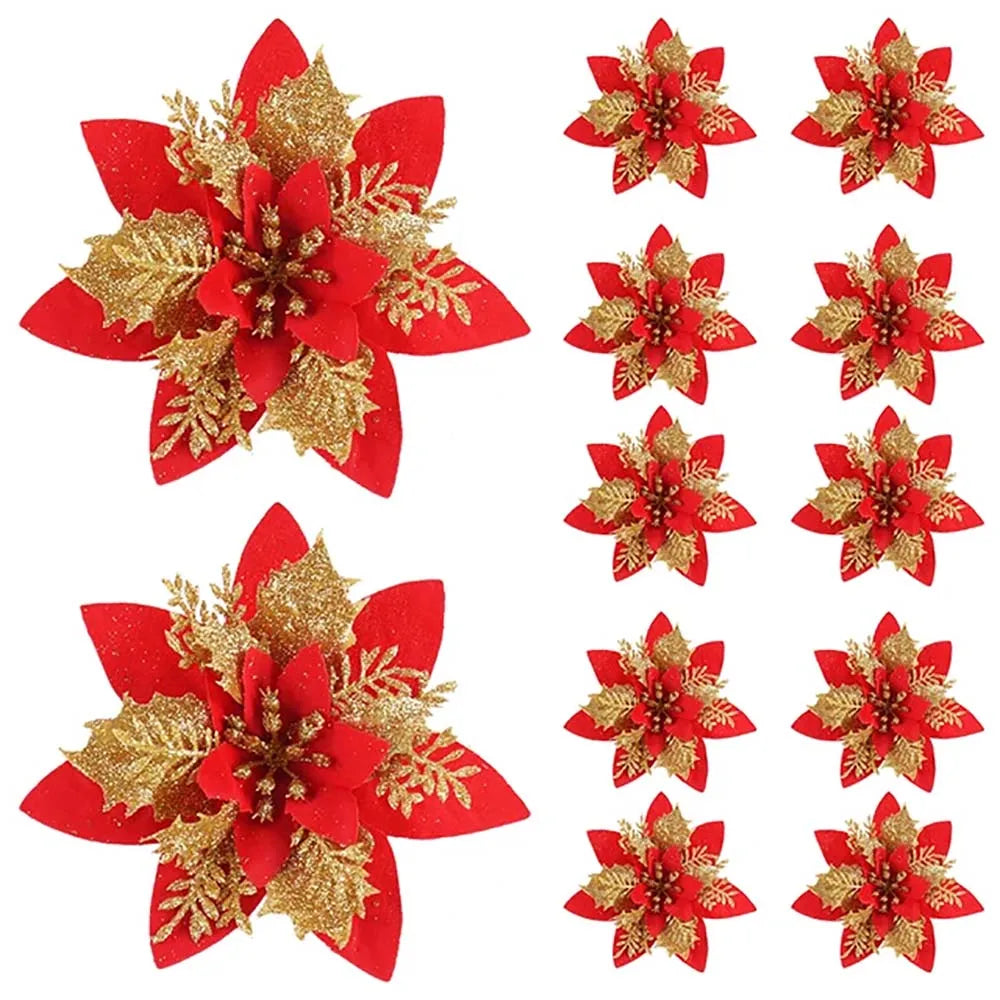5/10pcs Glitter Christmas Poinsettia Flower Ornaments – 14.5cm Artificial Decorations for Tree & Home
