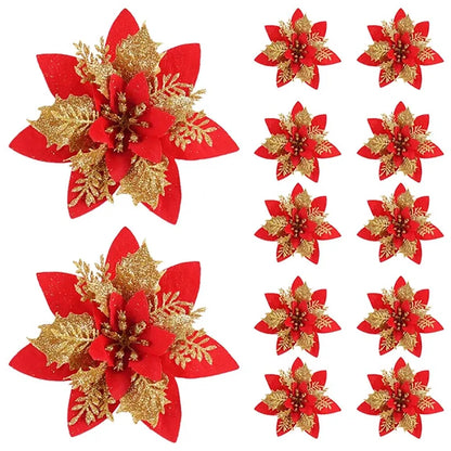 5/10pcs Glitter Christmas Poinsettia Flower Ornaments – 14.5cm Artificial Decorations for Tree & Home