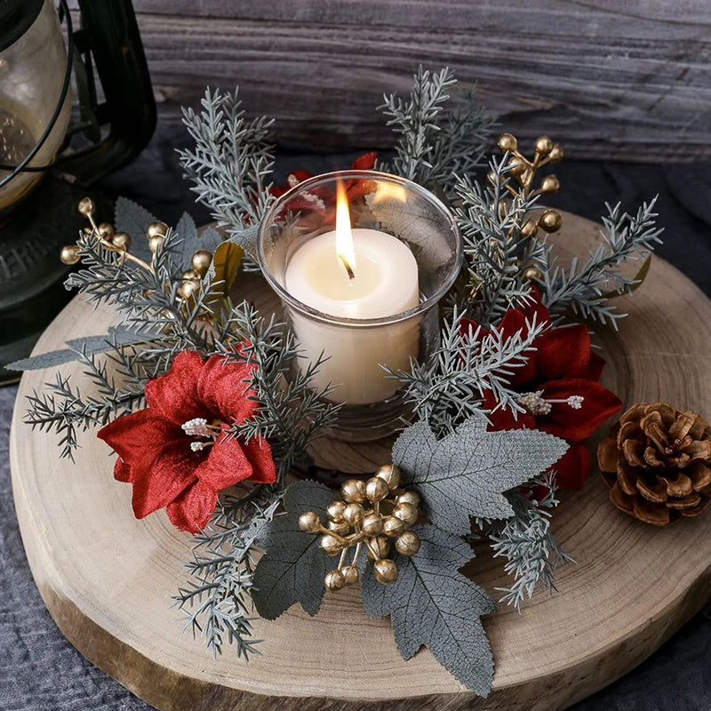 Christmas Candle Ring Wreath | Artificial Flower & Greenery Candle Holder Garland for Festive Table Décor