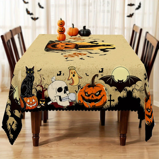 Halloween Tablecloth – Spooky Pumpkins, Bats, Skulls & Black Cat Design | Durable Polyester Table Cover for Kitchen, Dining & Party Decor