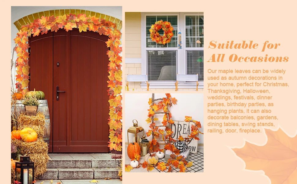 2M Artificial Maple Leaf Garland – Realistic Autumn Leaves Vine for Fall, Halloween, Thanksgiving Home Décor