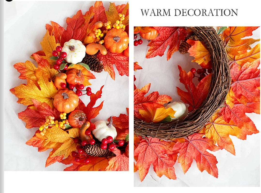 45cm Autumn Harvest Wreath – Artificial Pumpkin, Berry & Maple Leaf Front Door Decoration for Autumn/Fall & Halloween