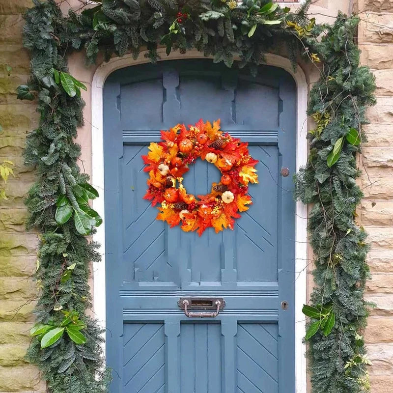45cm Autumn Harvest Wreath – Artificial Pumpkin, Berry & Maple Leaf Front Door Decoration for Autumn/Fall & Halloween