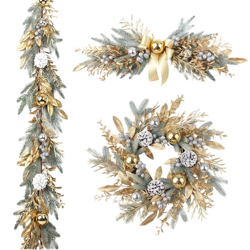 Golden Christmas Wreath for Front Door | Artificial Pinecone & Rattan Garland with Festive Flowers