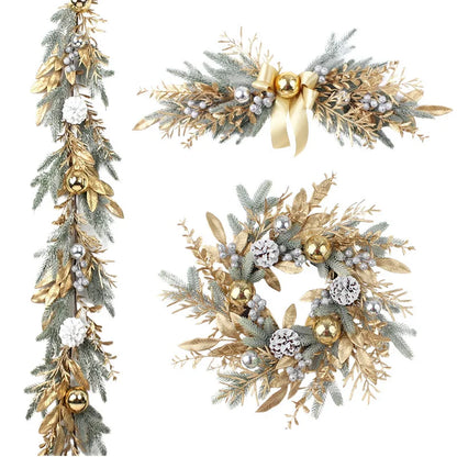 Golden Christmas Wreath for Front Door | Artificial Pinecone & Rattan Garland with Festive Flowers