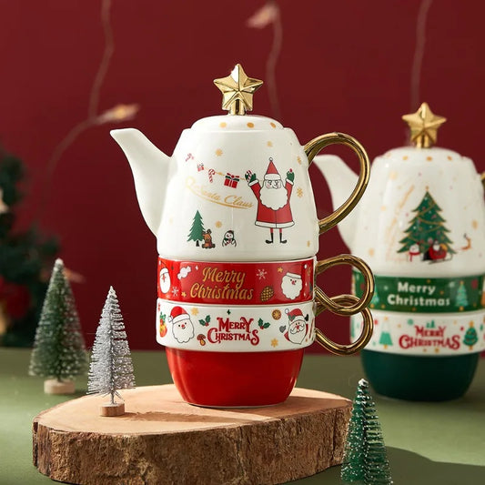 Christmas Ceramic Teapot & Teacup Set – Santa Claus or Elk Design with Gift Box