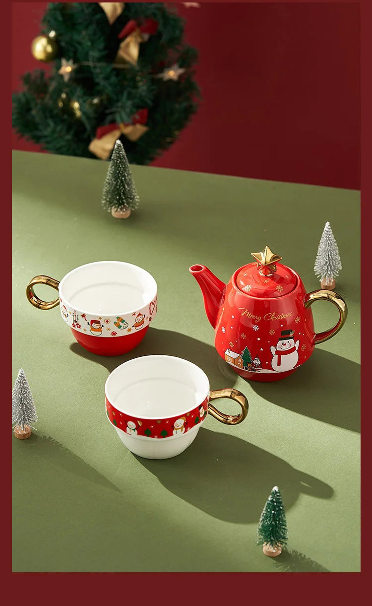 Christmas Ceramic Teapot & Teacup Set – Santa Claus or Elk Design with Gift Box