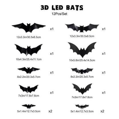 12/24PCS Halloween LED Night Light Bats – Stereoscopic Wall Decals for Party, Festival & Home Decoration