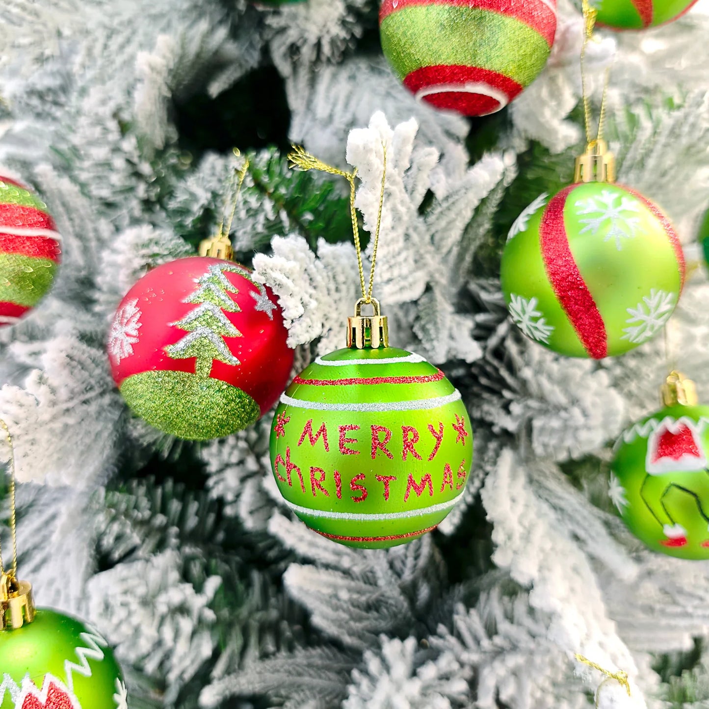 Set of 9/12/34 Grinch-Inspired Christmas Baubles – Green Painted Ornaments for Tree & Home Festive Décor