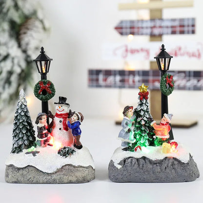 LED Christmas Village Ornament | Light-Up Resin Micro landscape Figurine with Santa & Snow Scene
