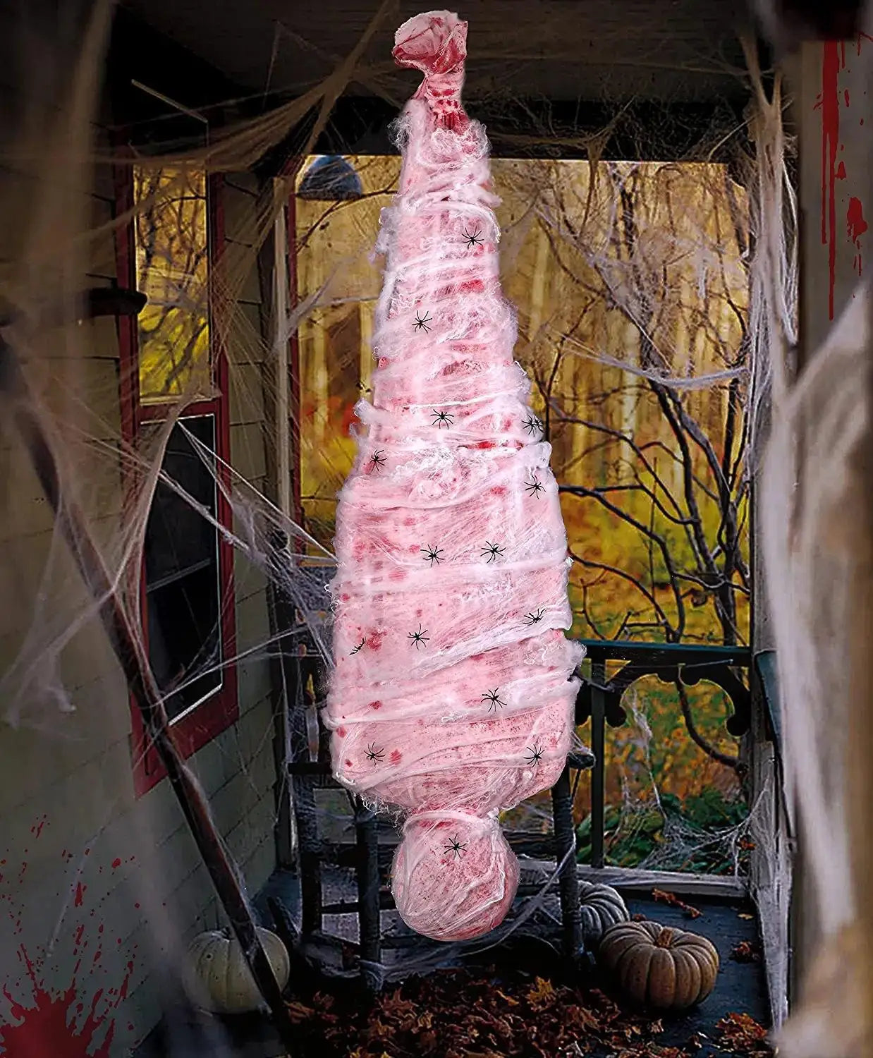 59-Inch Hanging Halloween Corpse Prop – Creepy Bloody Body Bag Decoration for Haunted Houses, Yards & Outdoor Horror Displays