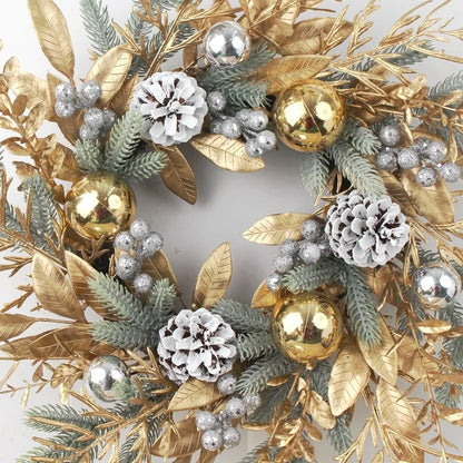 Golden Christmas Wreath for Front Door | Artificial Pinecone & Rattan Garland with Festive Flowers