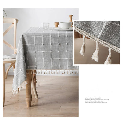 Textured Jacquard Checkered Tablecloth with Tassels | Cotton-Linen Winter Table Cover