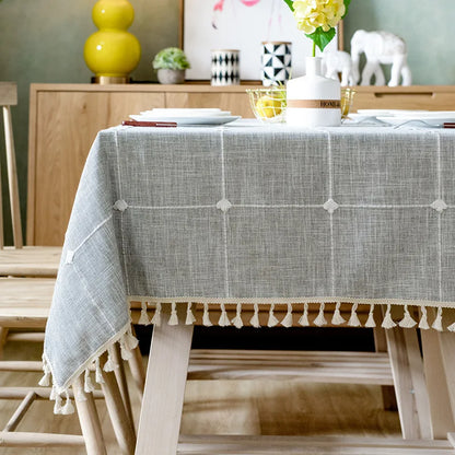 Textured Jacquard Checkered Tablecloth with Tassels | Cotton-Linen Winter Table Cover