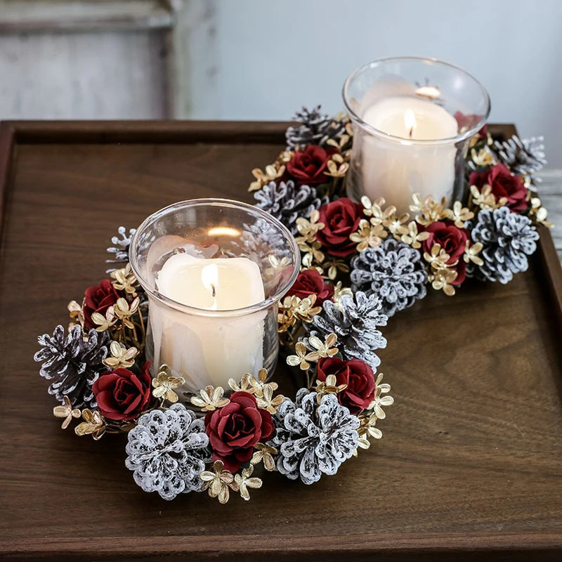 Christmas Candle Ring Wreath | Artificial Flower & Greenery Candle Holder Garland for Festive Table Décor