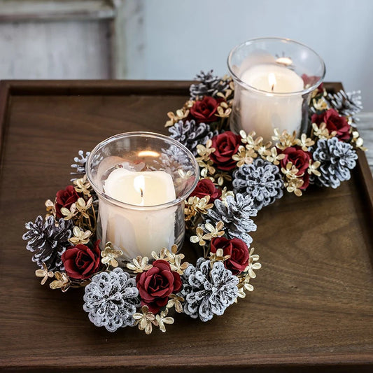 Christmas Candle Ring Wreath | Artificial Flower & Greenery Candle Holder Garland for Festive Table Décor