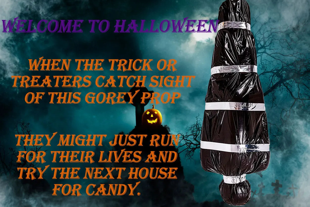 59-Inch Hanging Halloween Corpse Prop – Creepy Bloody Body Bag Decoration for Haunted Houses, Yards & Outdoor Horror Displays