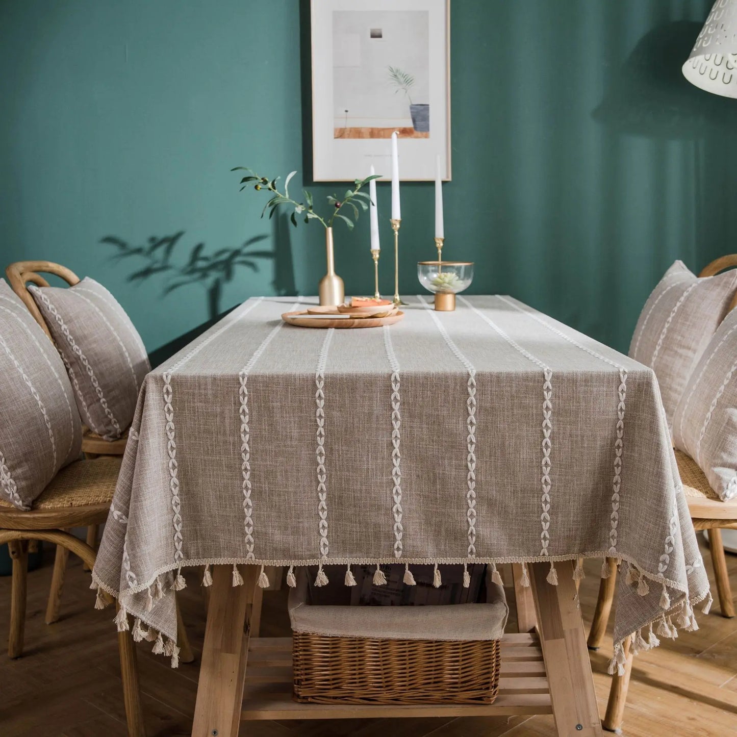 Textured Jacquard Checkered Tablecloth with Tassels | Cotton-Linen Winter Table Cover