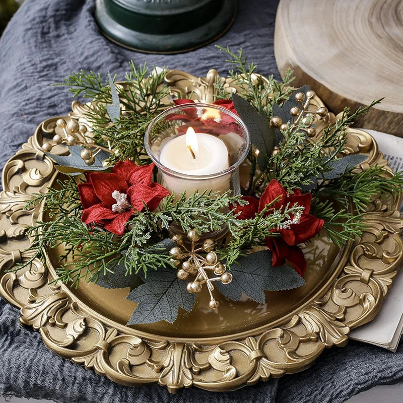Christmas Candle Ring Wreath | Artificial Flower & Greenery Candle Holder Garland for Festive Table Décor