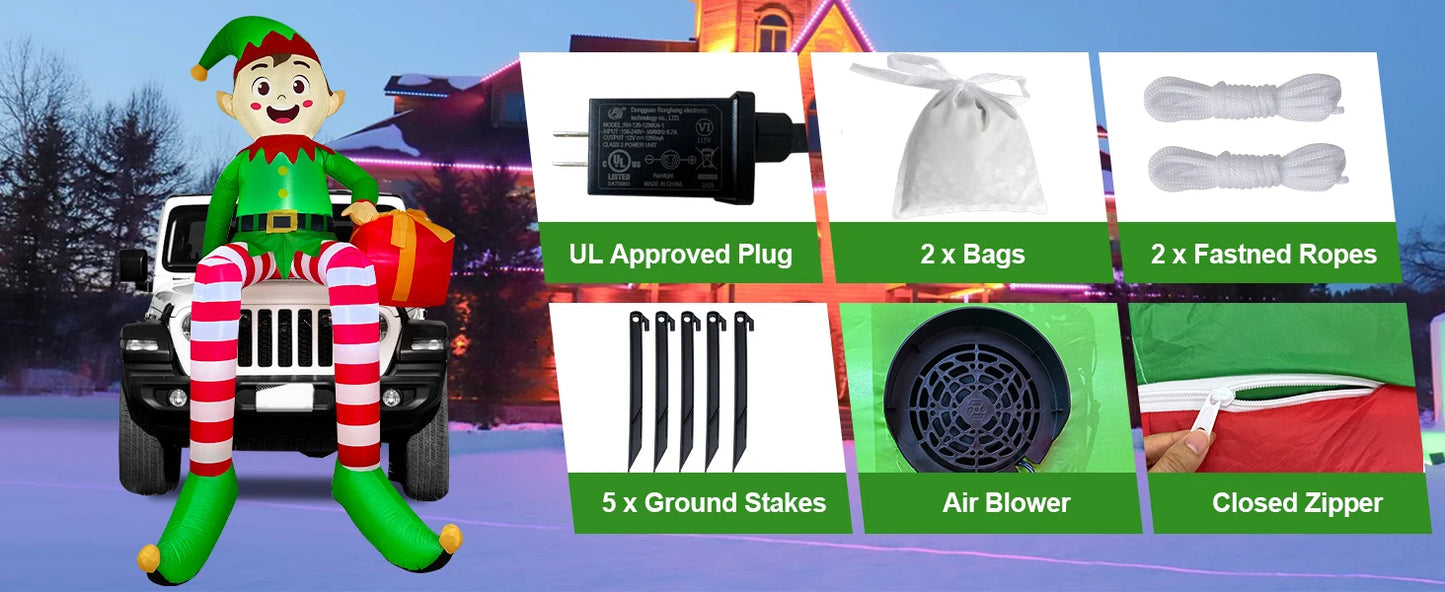 8ft Sitting Elf Christmas Inflatable with LED Lights | Festive Outdoor Decoration