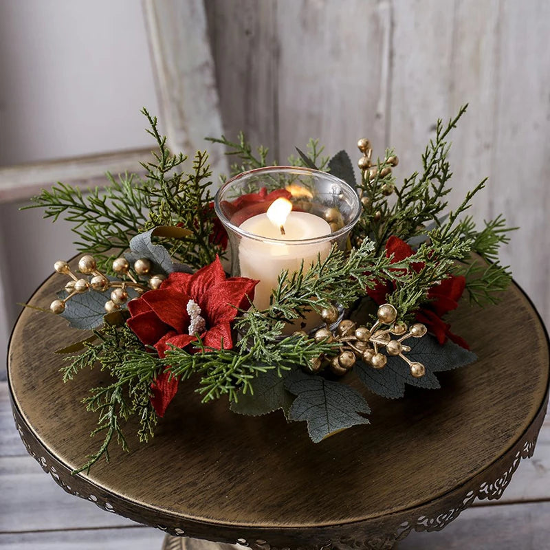 Christmas Candle Ring Wreath | Artificial Flower & Greenery Candle Holder Garland for Festive Table Décor