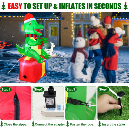 6FT Christmas Inflatable Dinosaur with LED Lights | Fun Outdoor Christmas Decoration