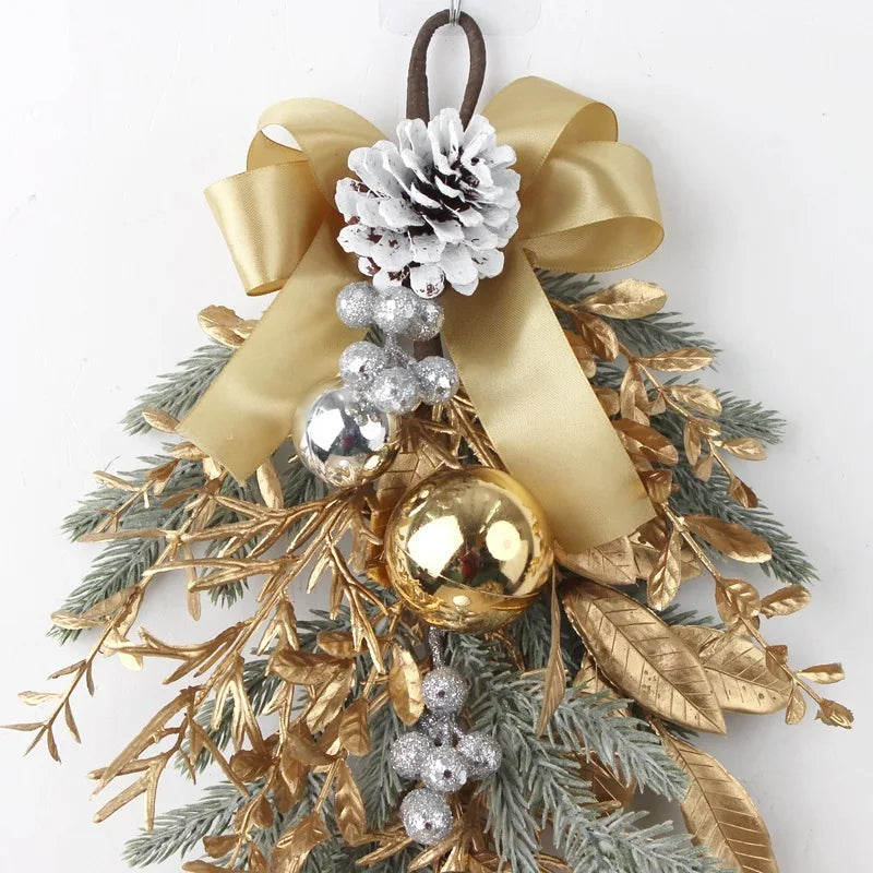 Golden Christmas Wreath for Front Door | Artificial Pinecone & Rattan Garland with Festive Flowers