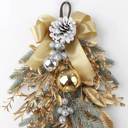 Golden Christmas Wreath for Front Door | Artificial Pinecone & Rattan Garland with Festive Flowers