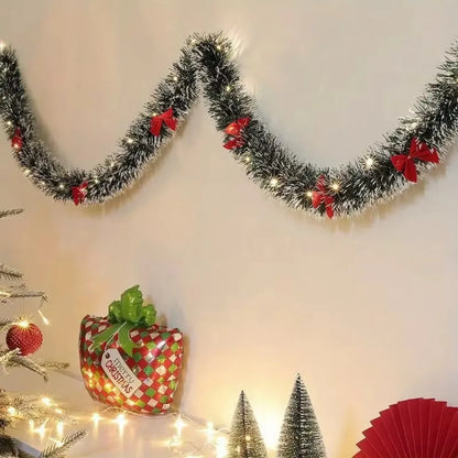 2m Green Christmas Garland with Red Ribbons | Customisable Festive Decoration for Doorways, Mantels & Stairs