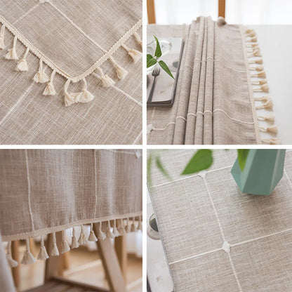 Textured Jacquard Checkered Tablecloth with Tassels | Cotton-Linen Winter Table Cover