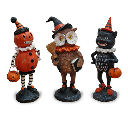 Halloween Pumpkin Puppet Decoration – Resin Owl & Black Cat Statue for Indoor & Outdoor Halloween, Garden & Home Décor