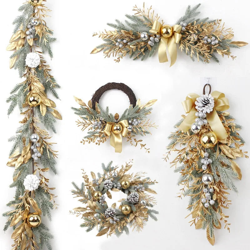 Golden Christmas Wreath for Front Door | Artificial Pinecone & Rattan Garland with Festive Flowers