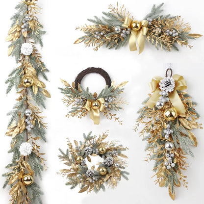 Golden Christmas Wreath for Front Door | Artificial Pinecone & Rattan Garland with Festive Flowers
