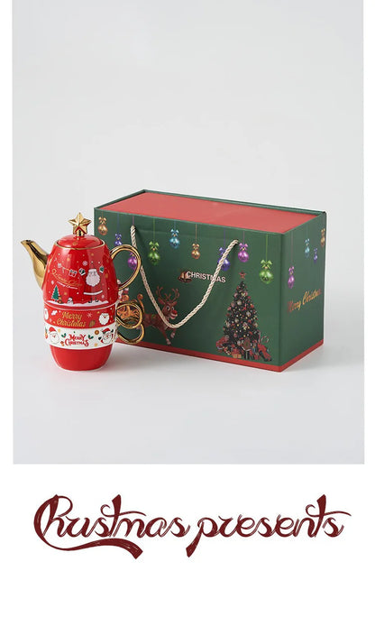 Christmas Ceramic Teapot & Teacup Set – Santa Claus or Elk Design with Gift Box