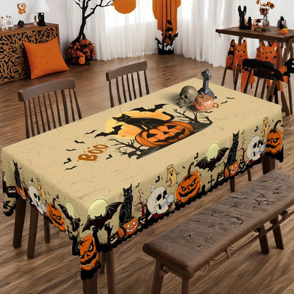 Halloween Tablecloth – Spooky Pumpkins, Bats, Skulls & Black Cat Design | Durable Polyester Table Cover for Kitchen, Dining & Party Decor