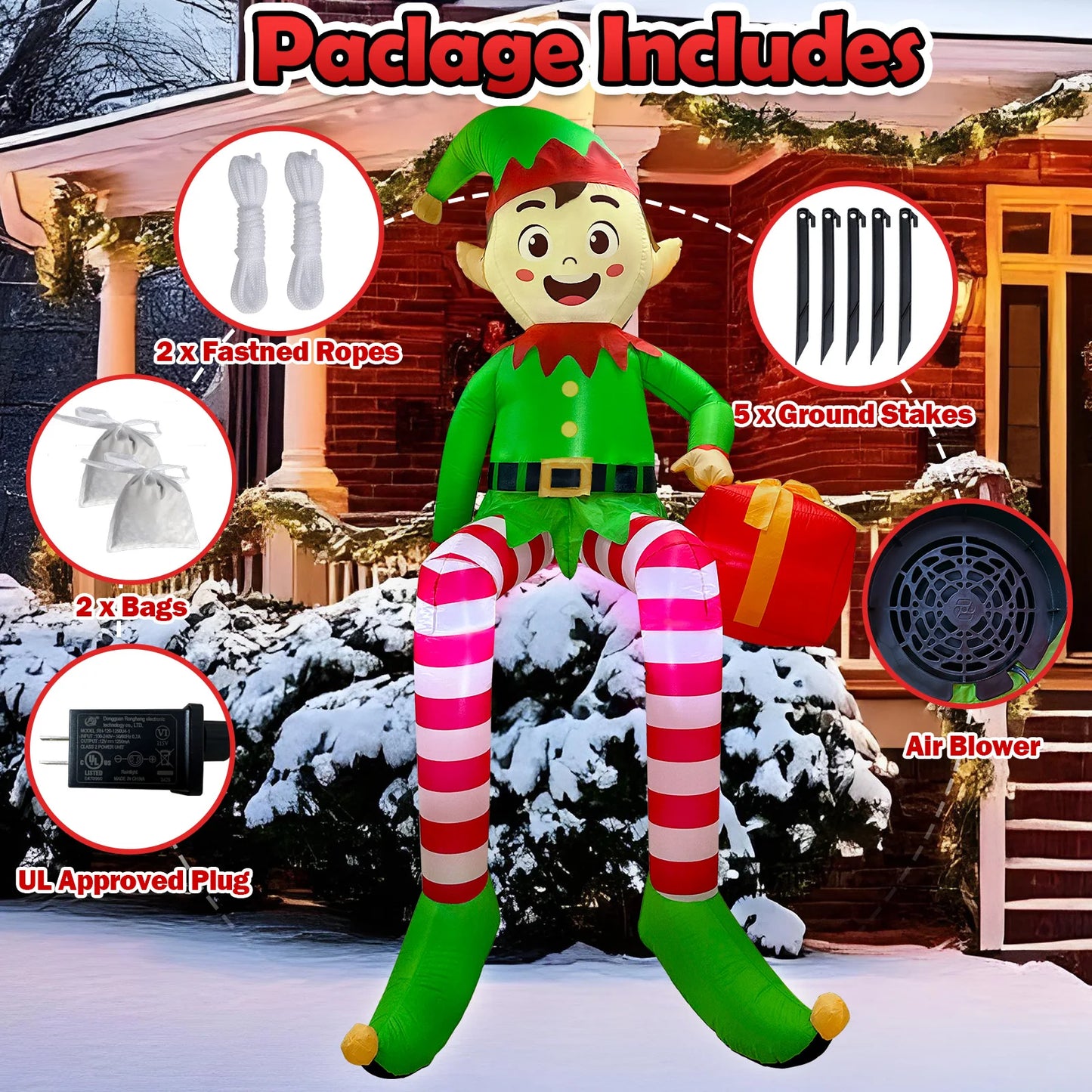 8ft Sitting Elf Christmas Inflatable with LED Lights | Festive Outdoor Decoration